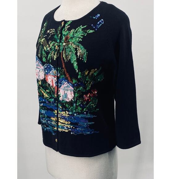 Vintage Y2k Michael Simon Sequined Cardigan Beach Island Hut Sweater Black M - Picture 5 of 9